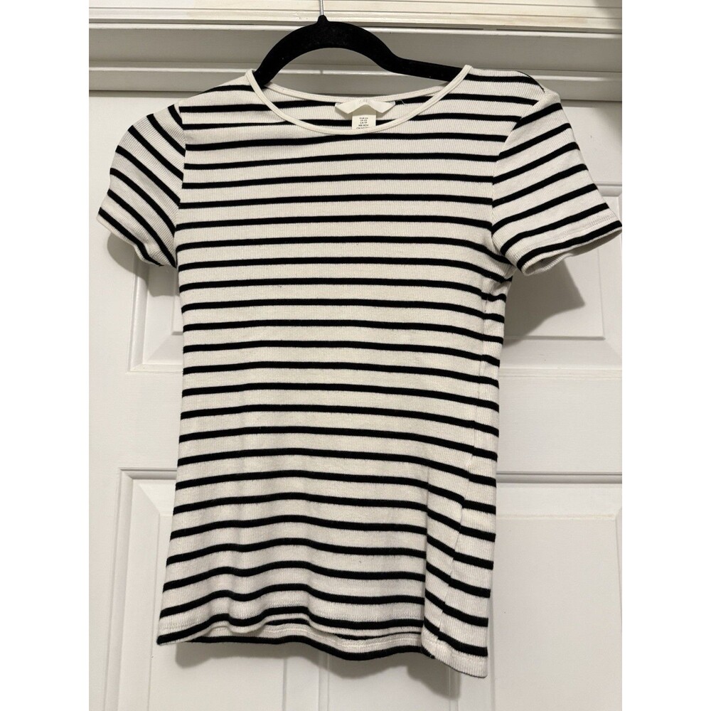 H&M Ribbed T-shirt Black/White Striped US Size XS